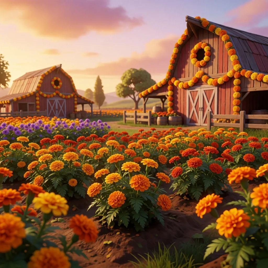 Escena de simulador de granja con decoración festiva de cempasúchil