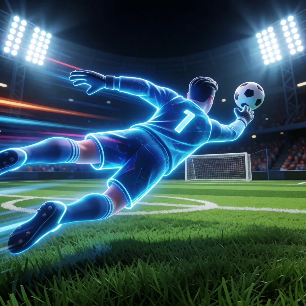 Escena de penalti de fútbol arcade con portero estilizado